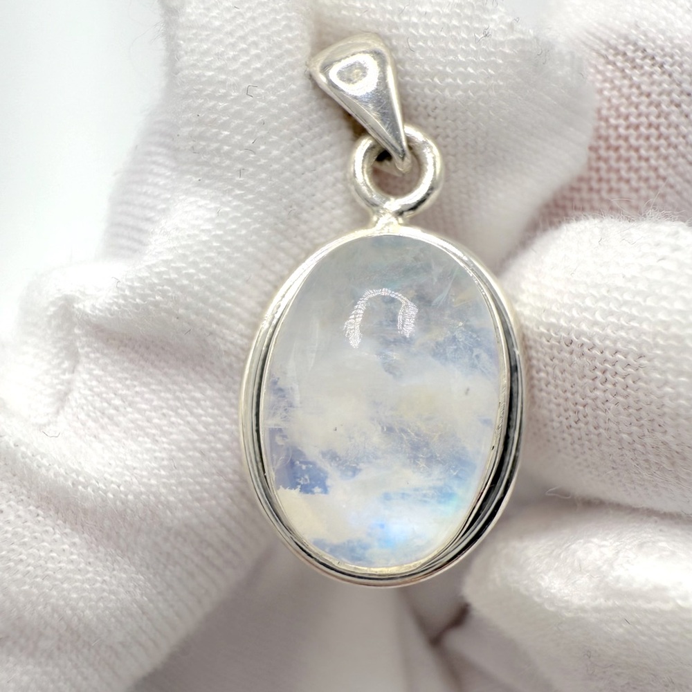 Genuine Oval Cabochon Rainbow Moonstone .925 Sterling Silver Pendant - Picture 14 of 16